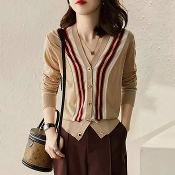 Весенне-осенний женский свободный вязаный кардиган с контрастными цветами, куртка-свитер, топ в полоску с v-образным вырезом One Size белый