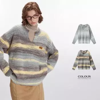 Весенне-осенний женский свободный вязаный свитер в полоску с V-образным вырезом и градиентной расцветкой S серый