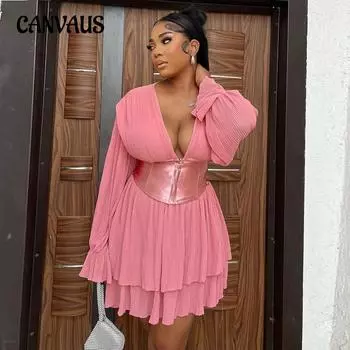 Весенне-осенний женский темпераментный повседневный костюм с v-образным вырезом и расклешенными рукавами, короткий топ, юбка до половины тела L розовый