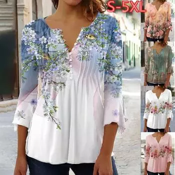Весенне-осенний женский топ с цветочным принтом и v-образным вырезом, футболка с короткими рукавами и пуговицами S темно-зеленого