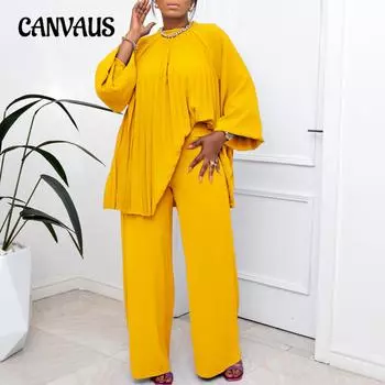 Весенне-осенний женский топ с длинными рукавами и длинными брюками, модный свободный комплект темперамента больших размеров S жёлтый