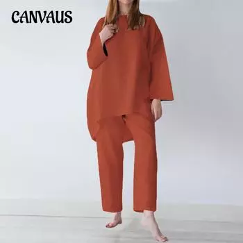 Весенне-осенний женский топ с длинными рукавами и длинными брюками, комплект больших размеров, свободный модный повседневный однотонный хлопковый льняной топ, комплект брюк S чёрный