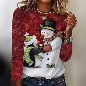 Весенне-осенний женский топ с длинными рукавами, рождественский принт, футболка с круглым вырезом, повседневный милый стиль S