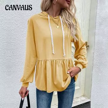 Весенне-осенний женский топ с капюшоном, однотонный пуловер, толстовка с капюшоном, топ с длинными рукавами S жёлтый
