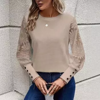 Весенне-осенний женский топ с круглым вырезом и длинными рукавами с кружевом S абрикосовый