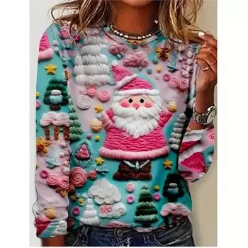 Весенне-осенний женский топ с рождественским принтом и круглым вырезом, футболка в стиле кэжуал с длинным рукавом, новый женский стиль S
