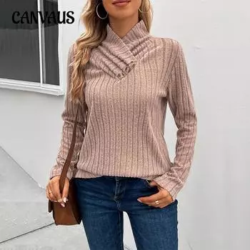 Весенне-осенний женский трикотаж, модные топы с длинными рукавами в полоску, трикотаж с высоким воротом S хаки