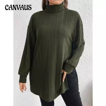Весенне-осенний женский трикотаж плюс размер, вязаный топ с длинными рукавами и высоким воротником, разделенным краем