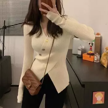 Весенне-осенний женский трикотаж с длинным рукавом, тонкий раздельный топ с v-образным вырезом, топ со специями, внутренняя белая рубашка с низом One Size розовый