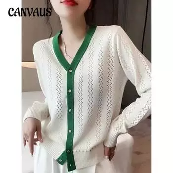 Весенне-осенний женский трикотаж с V-образным вырезом, вязаный кардиган, темпераментный волнистый узор, полый ретро, свободный тонкий топ One Size белый