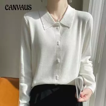 Весенне-осенний женский трикотаж с воротником-поло, однорядный, с двойной пуговицей, классический однотонный вязаный свитер с длинными рукавами M белый