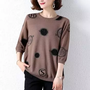 Весенне-осенний женский трикотаж, свитер из ледяного шелка с семью рукавами, тонкий свободный вязаный топ больших размеров XL зелёный