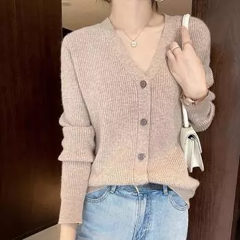 Весенне-осенний женский трикотаж, тонкий кардиган с v-образным вырезом на шнурке, вязаный свободный ленивый модный свитер-кардиган S серый