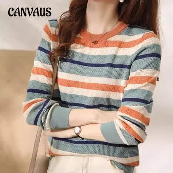 Весенне-осенний женский трикотаж, топ с длинными рукавами, свитер в радужную полоску с круглым вырезом и цветными блоками, женская нижняя рубашка One Size