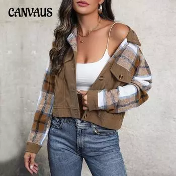 Весенне-осенний женский вельветовый клетчатый топ, винтажная куртка-кардиган с лацканами S хаки