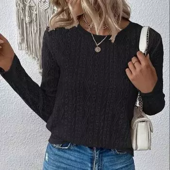 Весенне-осенний женский винтажный полый однотонный женский топ с длинными рукавами, женская повседневная рубашка больших размеров S чёрный