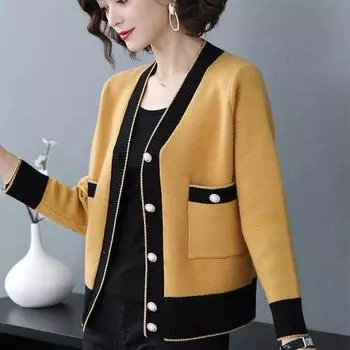 Весенне-осенний женский вязаный кардиган, свитер, короткий, длинный рукав, цветной вязаный свитер, куртка, вязаный топ, верхняя одежда M жёлтый