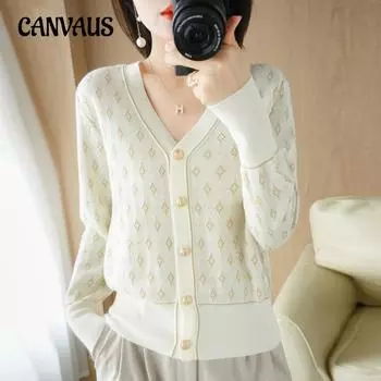 Весенне-осенний женский вязаный кардиган, жаккардовый вязаный кардиган, свободный свитер с v-образным вырезом и длинными рукавами