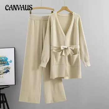 Весенне-осенний женский вязаный комплект, широкие брюки, вязаный кардиган, куртка из двух предметов, свободная мода M хаки