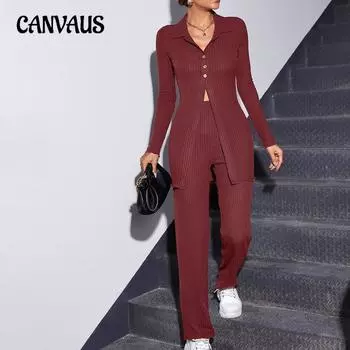 Весенне-осенний женский вязаный комплект, тонкий модный топ с длинными рукавами, брюки, кардиган на пуговицах, комплект из двух предметов S чёрный