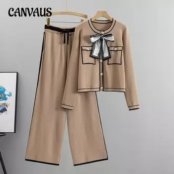 Весенне-осенний женский вязаный костюм, небольшой парфюмерный модный костюм, вязаный кардиган с темпераментом для старения, широкие брюки, двухсекционный прилив