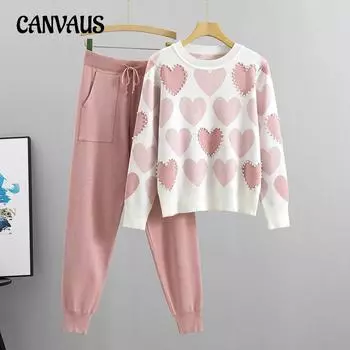 Весенне-осенний женский вязаный костюм с бусинами, темпераментный модный свежий вязаный топ и брюки в студенческом стиле, комплект из двух предметов S розовый