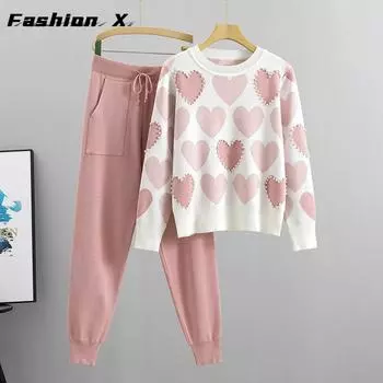 Весенне-осенний женский вязаный костюм с бусинами, темпераментный модный свежий вязаный топ и брюки в студенческом стиле, комплект из двух предметов S розовый