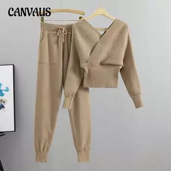 Весенне-осенний женский вязаный костюм с v-образным вырезом, сексуальный короткий свитер без бретелек, брюки, модный костюм One Size серый