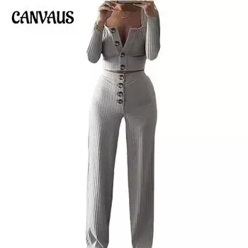 Весенне-осенний женский вязаный костюм, топ с длинными рукавами, длинные брюки, повседневный костюм на тонких пуговицах S белый