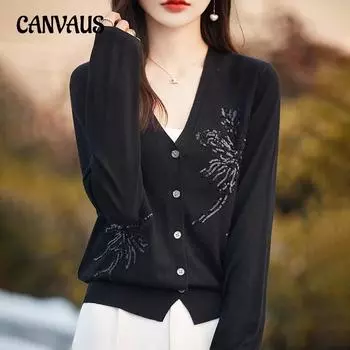 Весенне-осенний женский вязаный однотонный кардиган с блестками и v-образным вырезом M слоновая кость