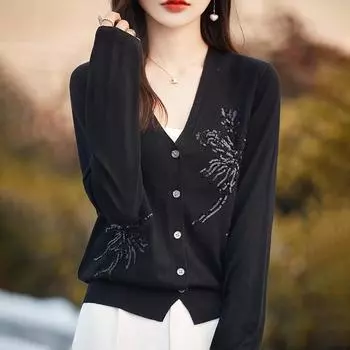 Весенне-осенний женский вязаный однотонный кардиган с блестками и v-образным вырезом M слоновая кость