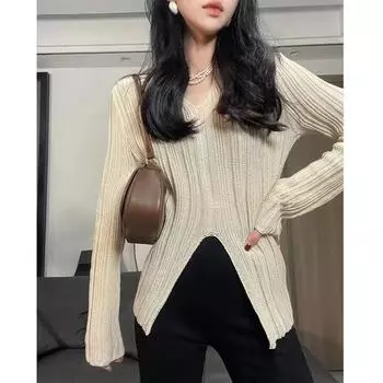 Весенне-осенний женский вязаный свитер, повседневный свободный сексуальный пуловер с длинным рукавом и v-образным вырезом, женский однотонный тонкий топ, одежда One Size