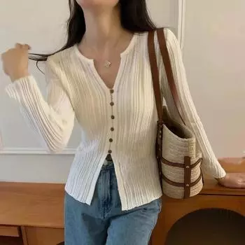 Весенне-осенний женский вязаный свитер, повседневный тонкий, с длинным рукавом, сексуальный пуловер с v-образным вырезом и пуговицами, женский однотонный тонкий топ, одежда One Size