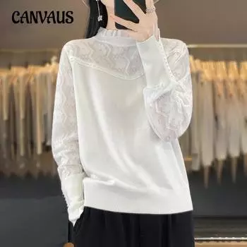 Весенне-осенний женский вязаный свитер с деревянным воротником и ушками, кружевной ажурный шерстяной свитер, свободный однотонный свитер с полувысоким воротом, тонкая рубашка M коричневый