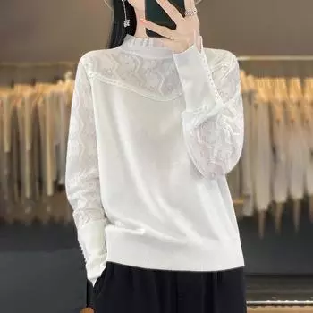 Весенне-осенний женский вязаный свитер с деревянным воротником и ушками, кружевной ажурный шерстяной свитер, свободный однотонный свитер с полувысоким воротом, тонкая рубашка M коричневый