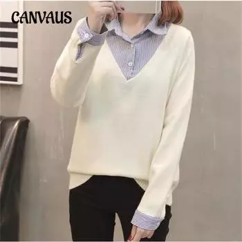 Весенне-осенний женский вязаный свитер с искусственным воротником из двух предметов, свободный свежий пуловер, женская нижняя рубашка One Size красный