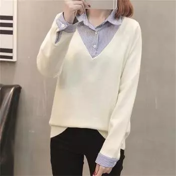 Весенне-осенний женский вязаный свитер с искусственным воротником из двух предметов, свободный свежий пуловер, женская нижняя рубашка One Size красный