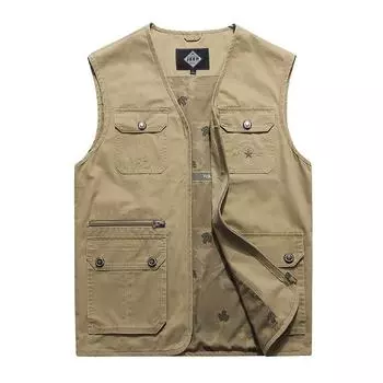 Весенне-осенний жилет для мужчин среднего и пожилого возраста с V-образным вырезом, жилет из чистого хлопка, многокарманный жилет для папы M