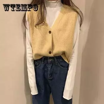 Весенне-осенний жилет, женская верхняя одежда, корейская вязаная нижняя рубашка, короткий однотонный топ на пуговицах, свободный топ с v-образным вырезом XXL