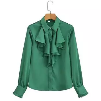 Весенне-осенняя элегантная блузка с рюшами, женская женская рубашка с длинными рукавами и лацканами, однотонные женские атласные свободные топы 30442 S чёрный