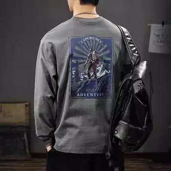 Весенне-осенняя американская трендовая брендовая мужская футболка с длинным рукавом, плотная хлопковая футболка, осенний свободный повседневный свитер M чёрный