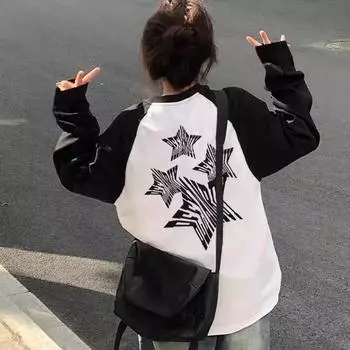 Весенне-осенняя американская винтажная футболка с принтом, женские футболки Harajuku с длинным рукавом и круглым вырезом, повседневная футболка большого размера Femme y2k, топы унисекс, уличная одежда M