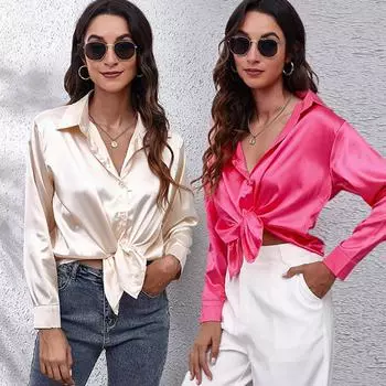 Весенне-осенняя атласная блузка из искусственного шелка, рубашка с длинными рукавами для женщин, однотонные черные, белые свободные топы больших размеров S белый