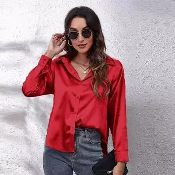 Весенне-осенняя атласная блузка, рубашка с длинным рукавом из имитации шелка для женщин, свободные топы больших размеров S синий