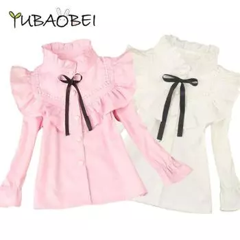 Весенне-осенняя блузка для девочек, школьные топы, хлопковая водолазка, белая блузка с длинным рукавом, модная классическая детская одежда для подростков от 3 до 16 лет 3T белый