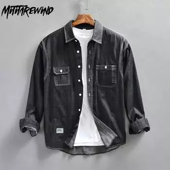 Весна/осень, черная джинсовая рубашка для мужчин, винтажная рубашка в японском стиле с карманами на лацканах, 97% хлопок, повседневные рубашки, свободная рубашка с длинным рукавом M синий