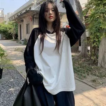 Весенне-осенняя черно-белая лоскутная футболка женская Harajuku футболки с длинным рукавом и круглым вырезом повседневная футболка большого размера Femme y2k топы уличная одежда M