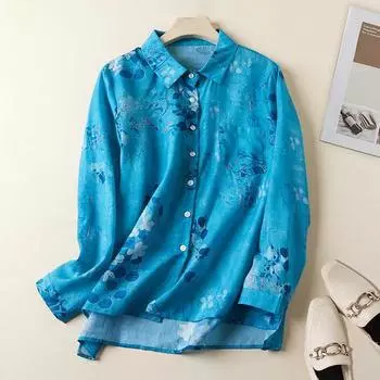 Весенне-осенняя цветочная рубашка женская литературная ретро свободная хлопковая конопляная рубашка с принтом женская рубашка M белый