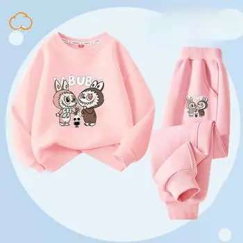 Весенне-осенняя детская мода Labubu, брюки-леггинсы с принтом букета, комплект с круглым вырезом для девочек 100