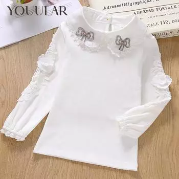 Весенне-осенняя детская одежда для малышей, белая блузка принцессы для девочек с длинными пышными рукавами, хлопковая рубашка для девочек, детские топы 150